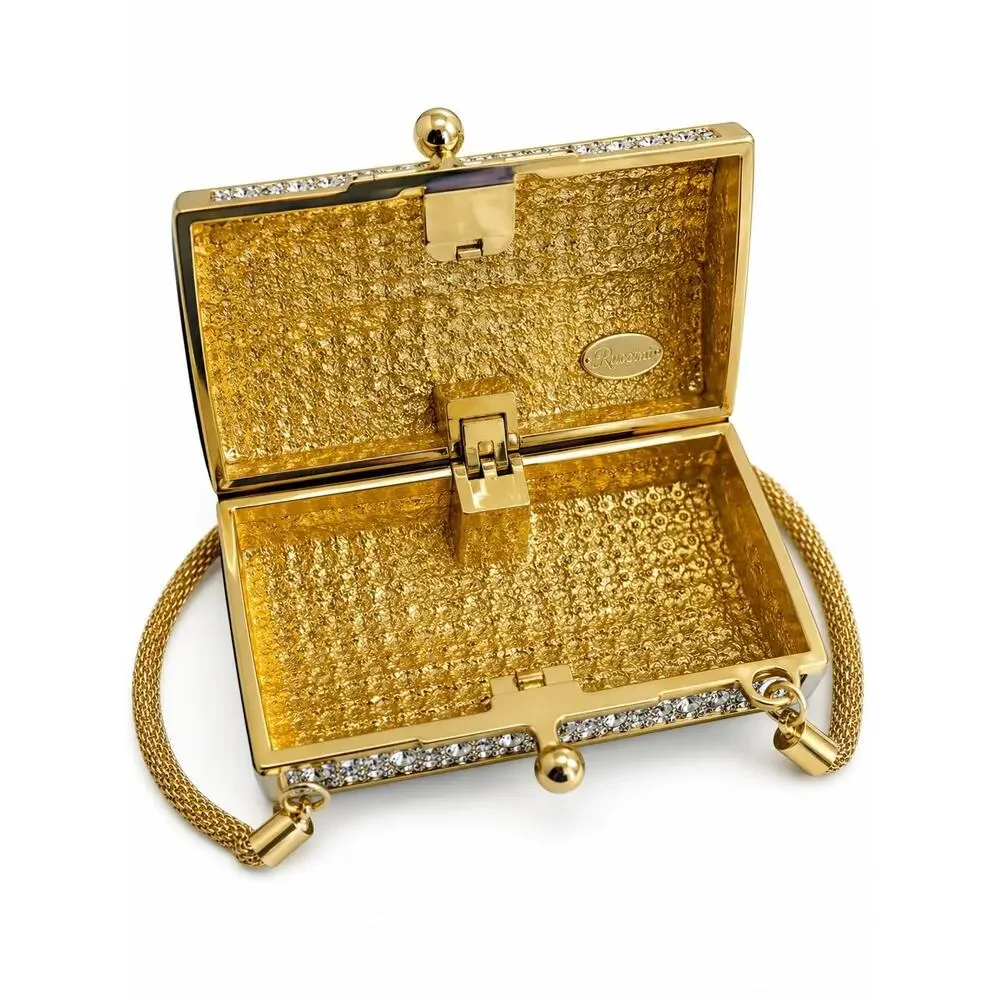 RARE Ruccini Jeweled Rhinestone Minaudiere Evening Bag Black Crystal Gold Purse